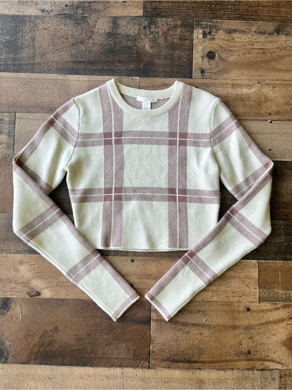 Women's Full Tilt Cream and Mauve Plaid Sweater | S